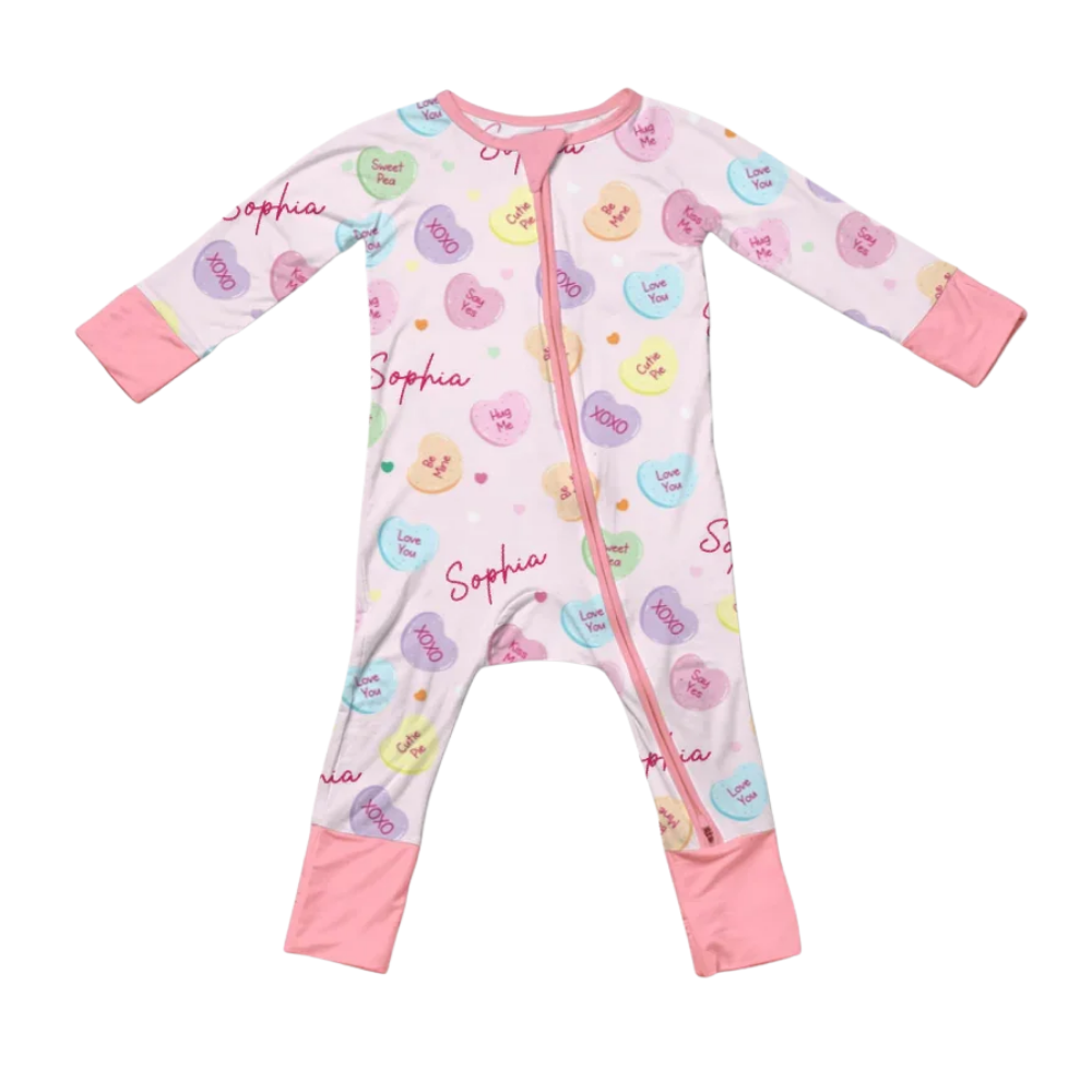 Custom Name Colorful Candy Hearts Baby Romper Convertible Zipper, Personalized Candy Pink Baby Romper Convertible BB0648