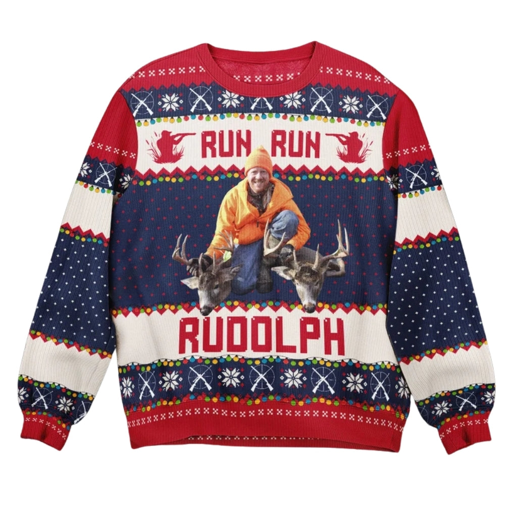 Run Run Rudolph Custom Photo Hunting Ugly Christmas Sweatshirt, Custom Hunt Lover Xmas Sweater 2D1056