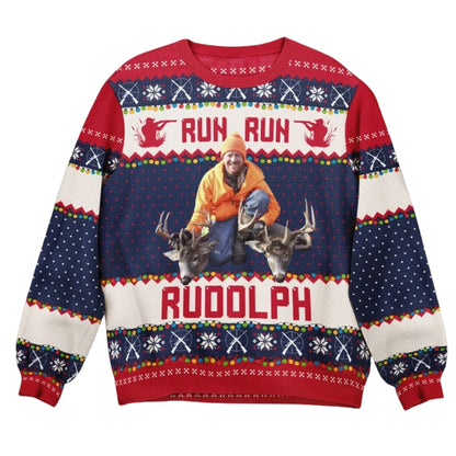 Run Run Rudolph Custom Photo Hunting Ugly Christmas Sweatshirt, Custom Hunt Lover Xmas Sweater 2D1056