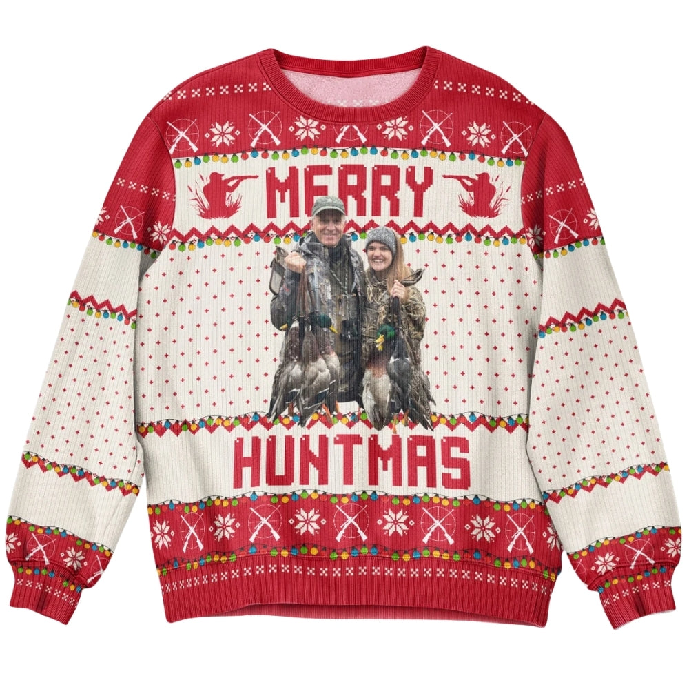 Run Run Rudolph Custom Photo Hunting Ugly Christmas Sweatshirt, Custom Hunt Lover Xmas Sweater 2D1056