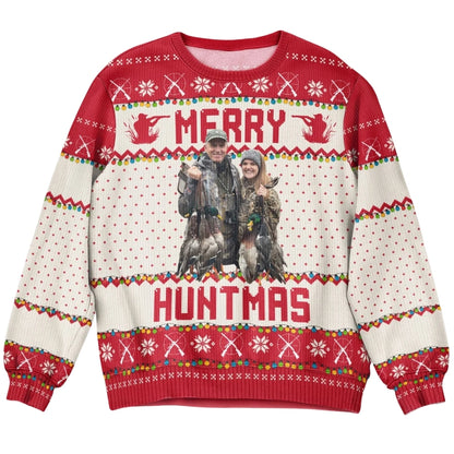 Run Run Rudolph Custom Photo Hunting Ugly Christmas Sweatshirt, Custom Hunt Lover Xmas Sweater 2D1056