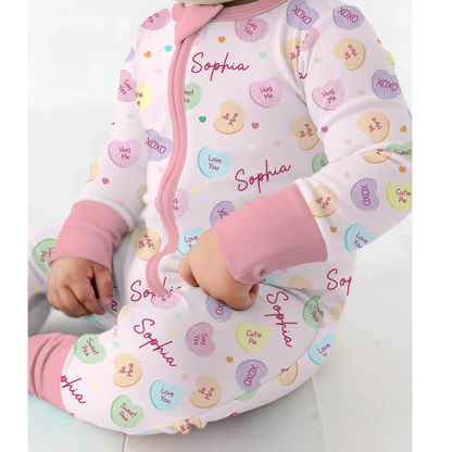 Custom Name Colorful Candy Hearts Baby Romper Convertible Zipper, Personalized Candy Pink Baby Romper Convertible BB0648