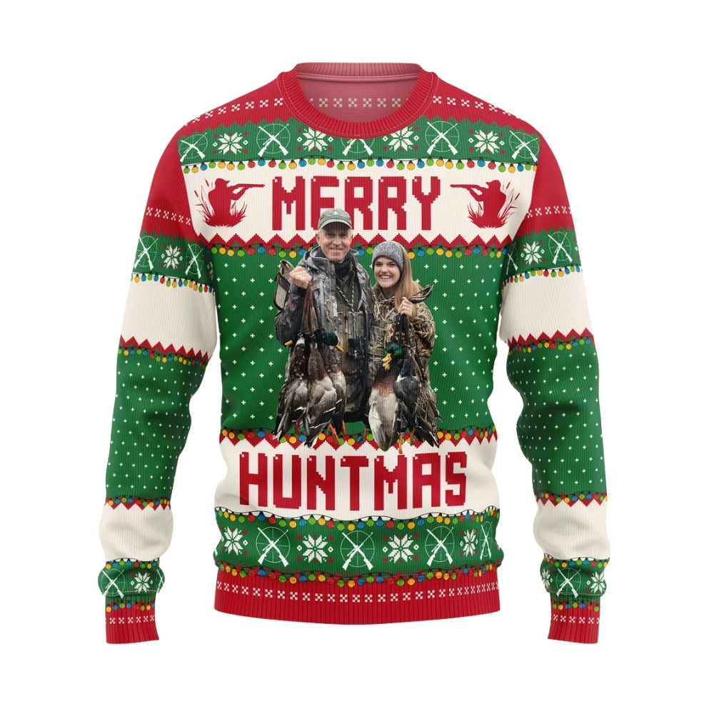 Run Run Rudolph Custom Photo Hunting Ugly Christmas Sweatshirt, Custom Hunt Lover Xmas Sweater 2D1056