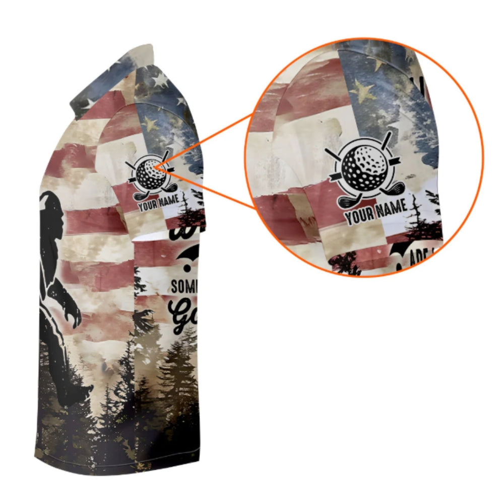Not All Who Wander Are Lost Some Are Looking For Golf Ball USA Flag Bigfoot Custom Golf Polo Shirts For Men, Custom Patriotic Sasquatch Golf Shirts GZ0223