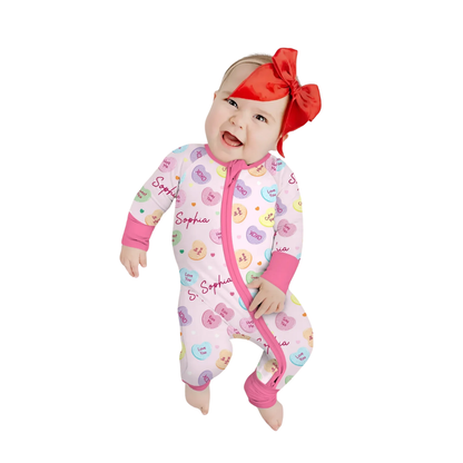 Custom Name Colorful Candy Hearts Baby Romper Convertible Zipper, Personalized Candy Pink Baby Romper Convertible BB0648