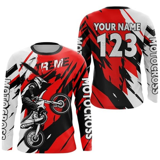 Custom Men's Motocross Long Sleeve Jersey Red White, Custom Motocross Jerseys MZ0063