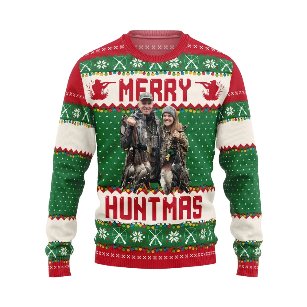 Run Run Rudolph Custom Photo Hunting Ugly Christmas Sweatshirt, Custom Hunt Lover Xmas Sweater 2D1056
