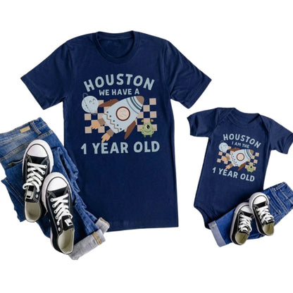 Houston I Am The One Year Old Matching Astronaut First Birthday Family T Shirts, Space 1st Birthday Matching Shirts For Family ET0329