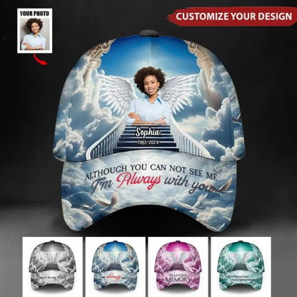 Although You Can Not See Me I'm Always With You Custom Angel Wings Baseball Cap, Custom Photo Memorial Hats Caps CP0160