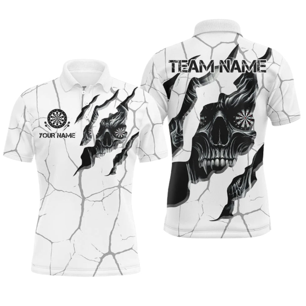 Custom Skull Grunge Black And White Darts Polo Shirt For Men, Custom Skull Darts Team Shirts DZ0057