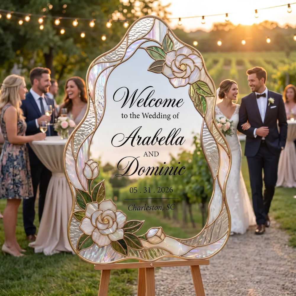 Personalized Camellia Stained Glass Wedding Welcome Acrylic Mirror Sign, Custom Floral Wedding Stained Glass Sign WD0732
