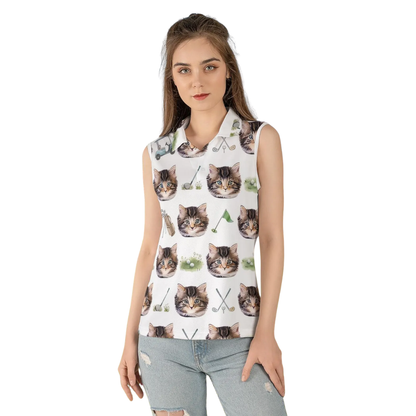 Womens Custom Cat Photo Sleeveless Golf Shirt, Custom Pet Faces Golf Shirts For Ladies GE0555