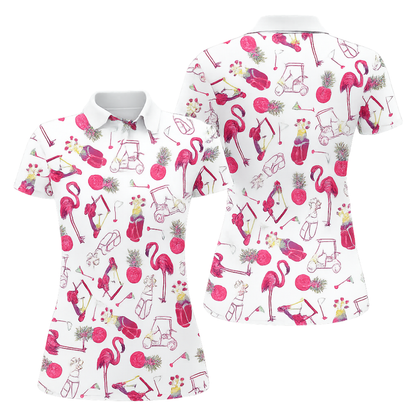 Flamingo Pineapple Women's Golf Polo Shirt, Tropical Flamingo Golf Shirt For Ladies GZ0286