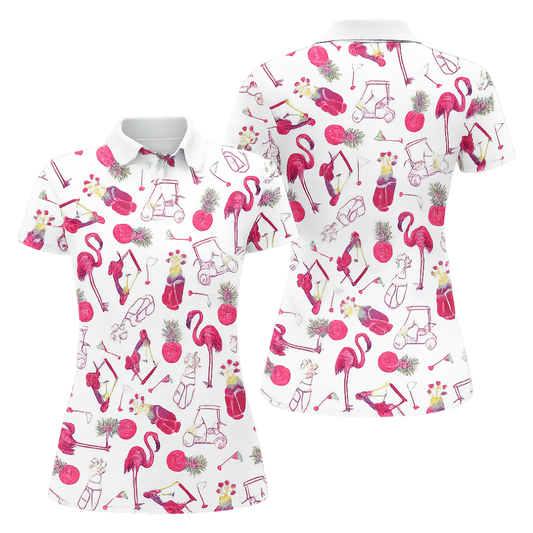 Flamingo Pineapple Women's Golf Polo Shirt, Tropical Flamingo Golf Shirt For Ladies GZ0286