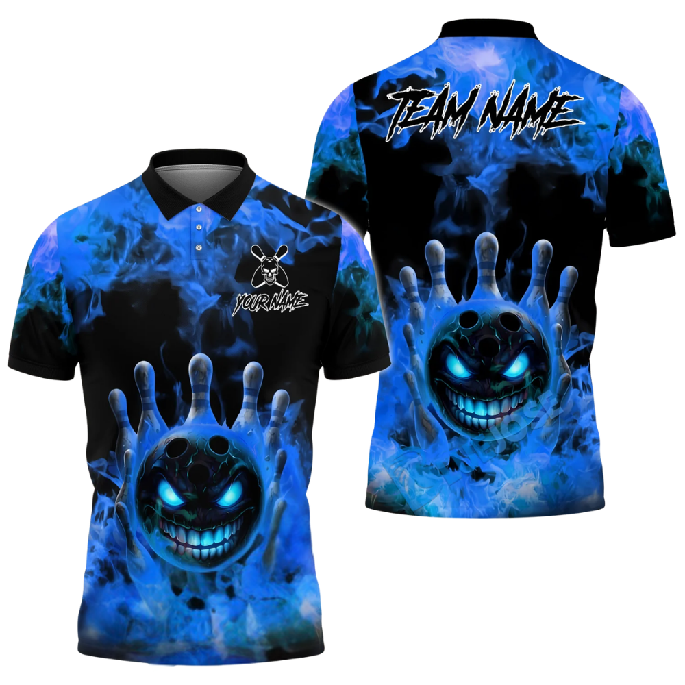 Custom Flame Angry Ball Bowling Polo Shirt For Men, Custom Flame Bowling Team Shirts BZ0551