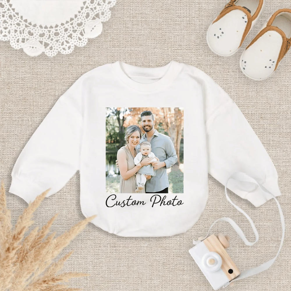Custom Photo And Text Baby Romper Sweatshirt, Personalized Photo Baby Romper Sweater BB0958