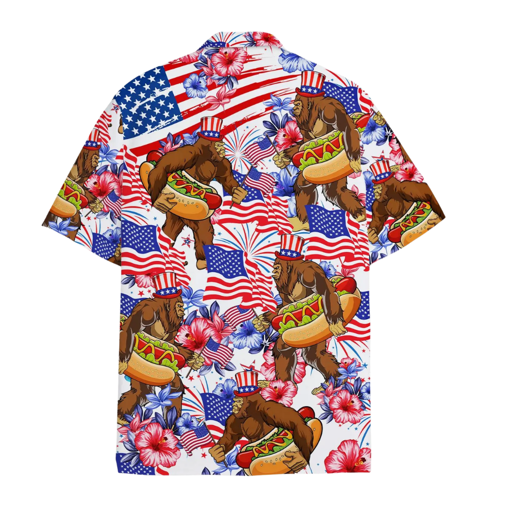 Bigfoot Hot Dog American Flag Hawaiian Shirt Mens, Tropical Bigfoot Hawaiian Shirts HE0468