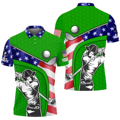 Custom American Flag Golf Polo Shirt Mens Green, Custom Name Patriotic Golf Shirts For 4th Of July GZ0247