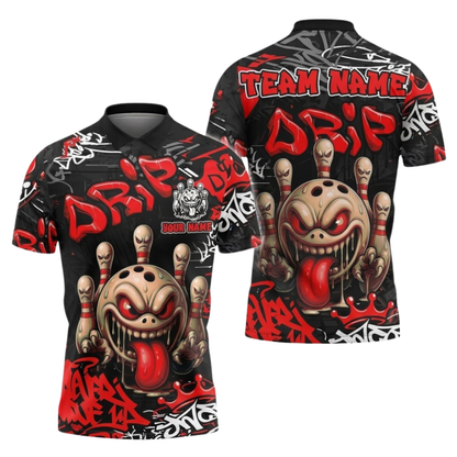 Custom Graffiti Angry Mad Bowl Men's Black Cyan Bowling Polo Shirts, Custom Graffiti Team Bowling Shirts BZ1055