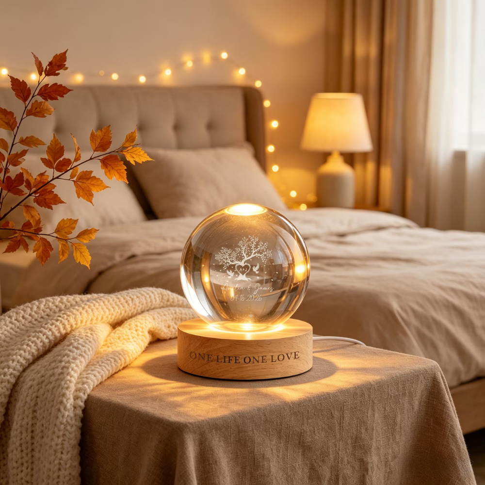 Personalized Tree Crystal Ball Led Night Light One Life One Love, Custom Wedding Anniversary Night Light WD0854