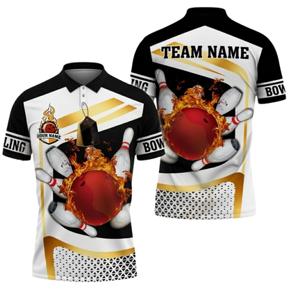 Flame Ball Custom Mens Bowling Polo Shirt, Custom Flame Bowling Team Shirts BZ0793