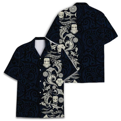 Tribal Tiki Shark Hawaiian Shirt For Men, Navy Tiki Hawaiian Shirts HE0162