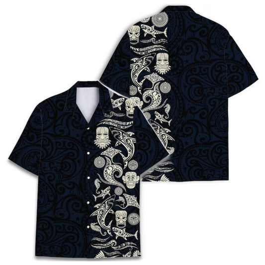 Tribal Tiki Shark Hawaiian Shirt For Men, Navy Tiki Hawaiian Shirts HE0162