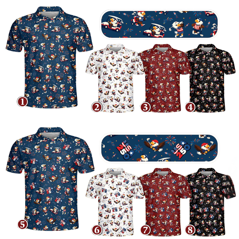 Men's Funny Eagle American Flag Navy Golf Polo Shirts, 4th Of July Eagle Golf Shirts GE0481