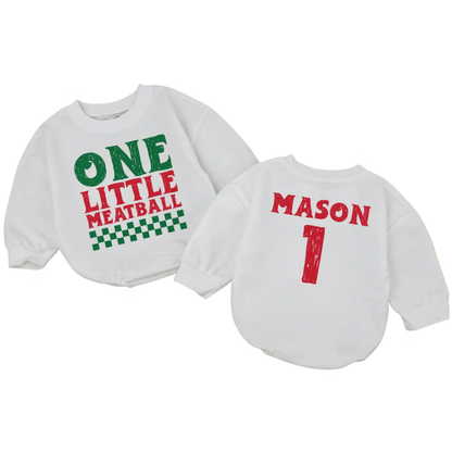 One Little Meatball Custom 1st Birthday Baby Romper Sweatshirt, Custom First Birthday Meatball Baby Romper Sweater BB0712