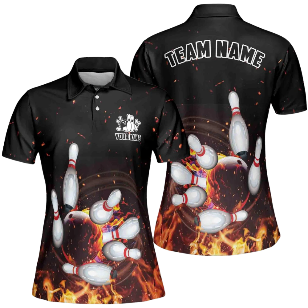 Women's Custom Flame Bowling Polo Shirt, Custom Flame Bowling Team Shirt For Ladies BZ0744