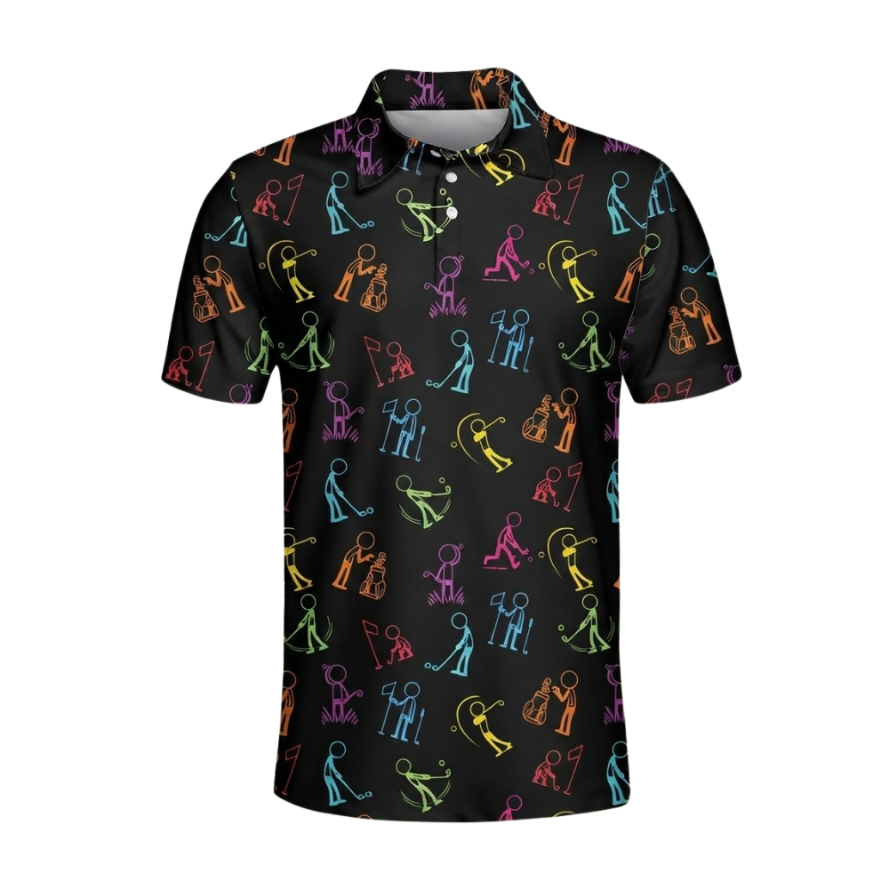 Men's Neon Stick Figures Golf Polo Shirt Black, Funny Golf Shirt Men GE0572