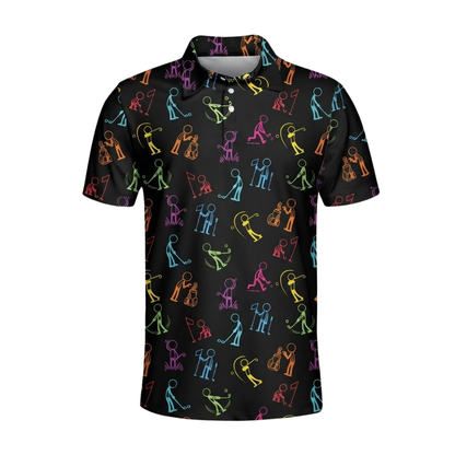Men's Neon Stick Figures Golf Polo Shirt Black, Funny Golf Shirt Men GE0572