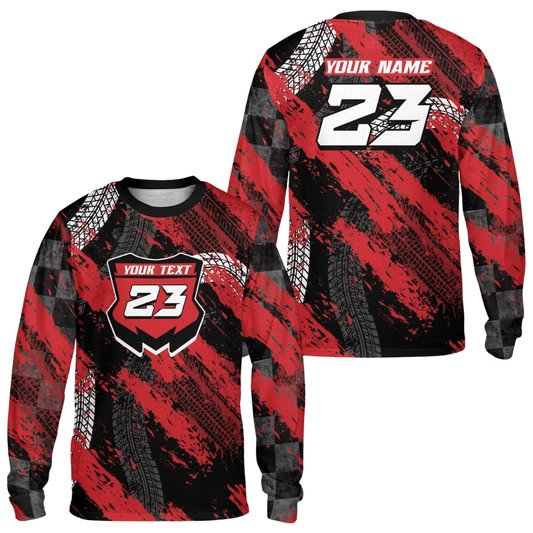 Custom Black Red Grunge Motocross Long Sleeve Jersey For Men, Custom Racing Dirt Bike Shirt MZ0110