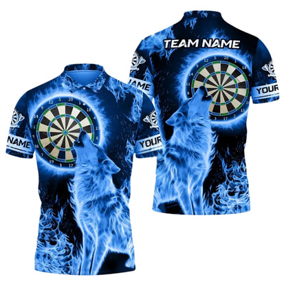 Custom Blue Flame Wolf Darts Polo Shirt Men, Custom Wolf Darts Team Shirts DE0013