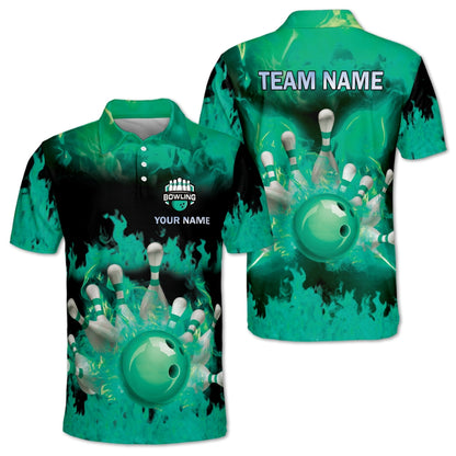 Custom Blue Flame Bowling Polo Shirts For Men, Custom Flame Bowling Team Shirts BM0346