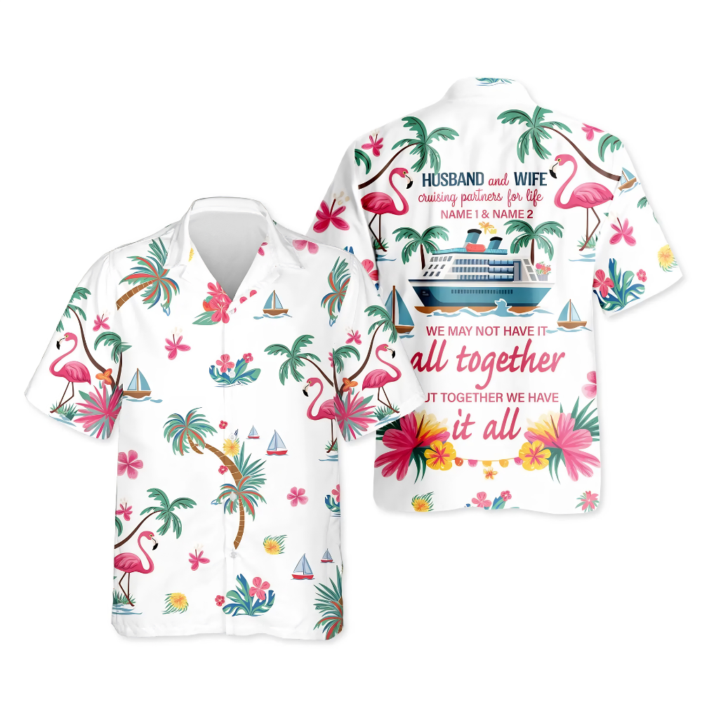Husband And Wife Cruising Partners For Life Custom Tropical Cruise Hawaiian Shirt, Custom Matching Cruise Hawaiian Shirt For Couple HE0754