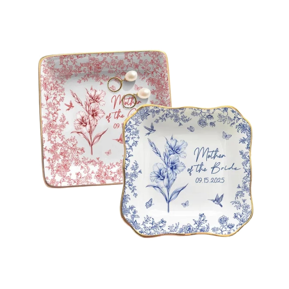 Custom Toile De Jouy Mother Of The Bride & Groom Jewelry Dish, Custom Wedding Jewelry Dish For Mother Of The Bride & Groom WD0054