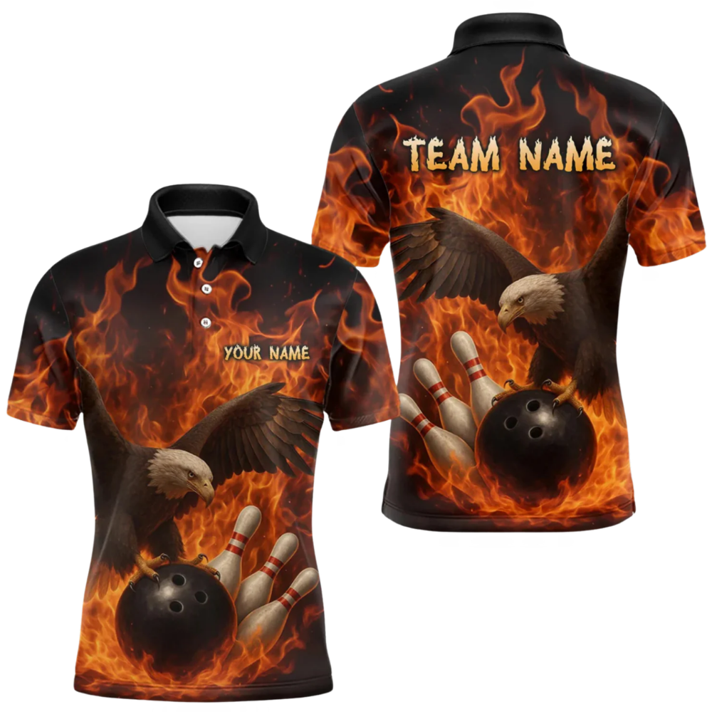 Custom Eagle Flame Mens Bowling Polo Shirt, Custom Eagle Team Bowling Shirts BZ0659