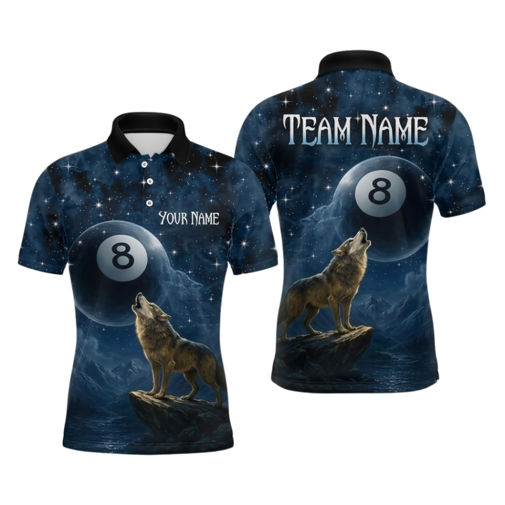 Custom Wolf Navy 8 Ball Men's Polo Billiard Shirt, Custom Wolf Team Billiard Shirt BIZ0342