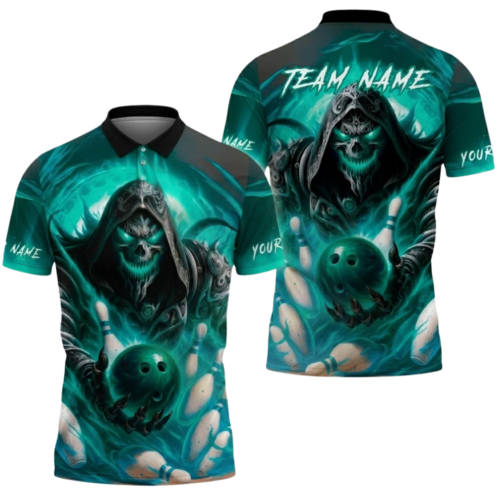 Custom Skeleton Blue Flame Bowling Polo Shirt Mens, Custom Team Skull Bowling Shirts BZ0505