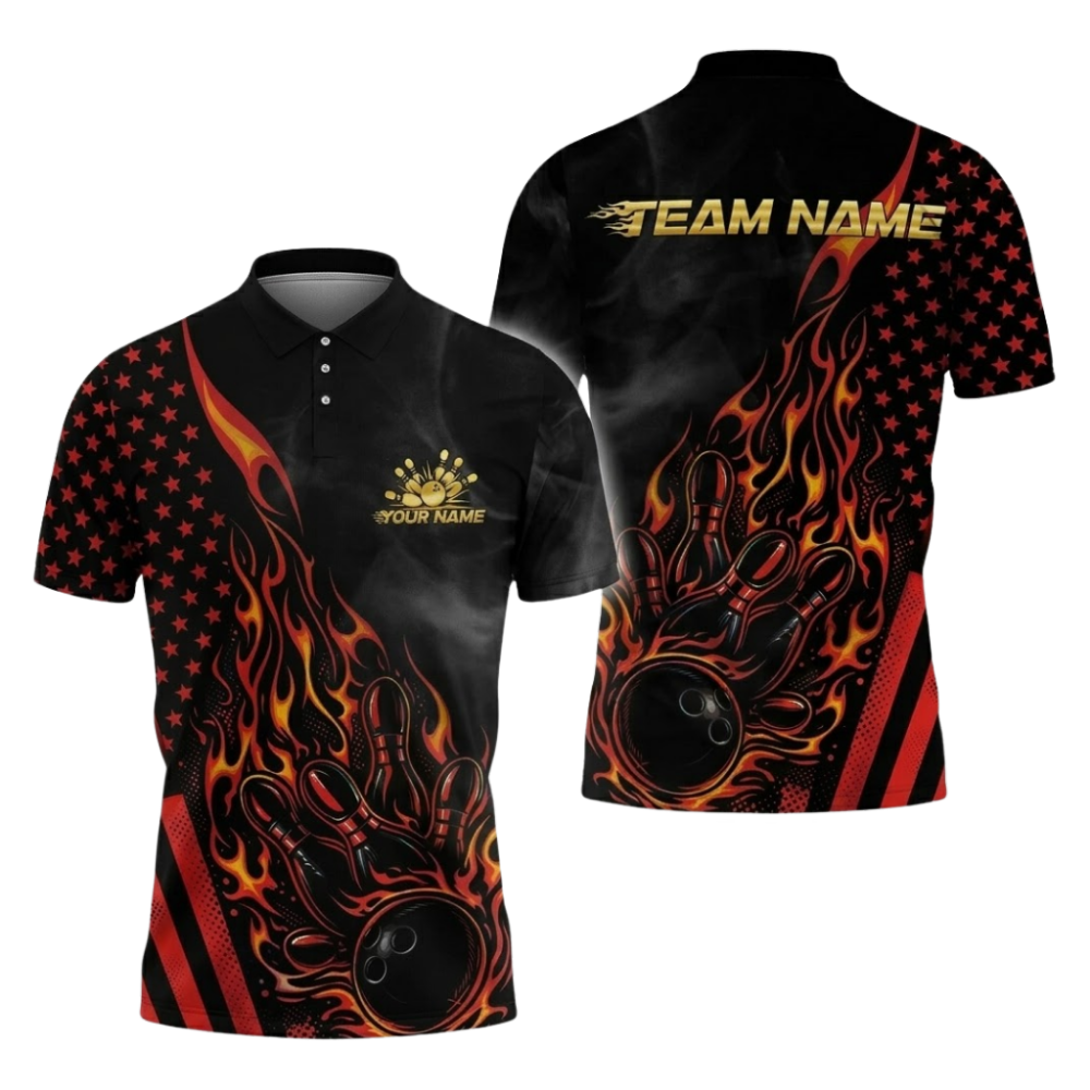 Custom Flame Bowling Polo Shirt For Men, Custom Flame Team Bowling Shirt BZ1079