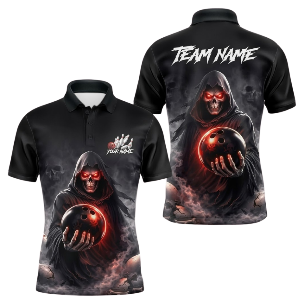 Custom Grim Reaper Bowling Polo Shirts Mens Black, Custom Skull Bowling Team Shirts BZ1097