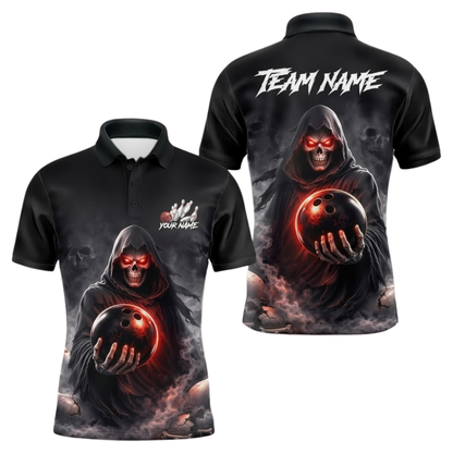 Custom Grim Reaper Bowling Polo Shirts Mens Black, Custom Skull Bowling Team Shirts BZ1097