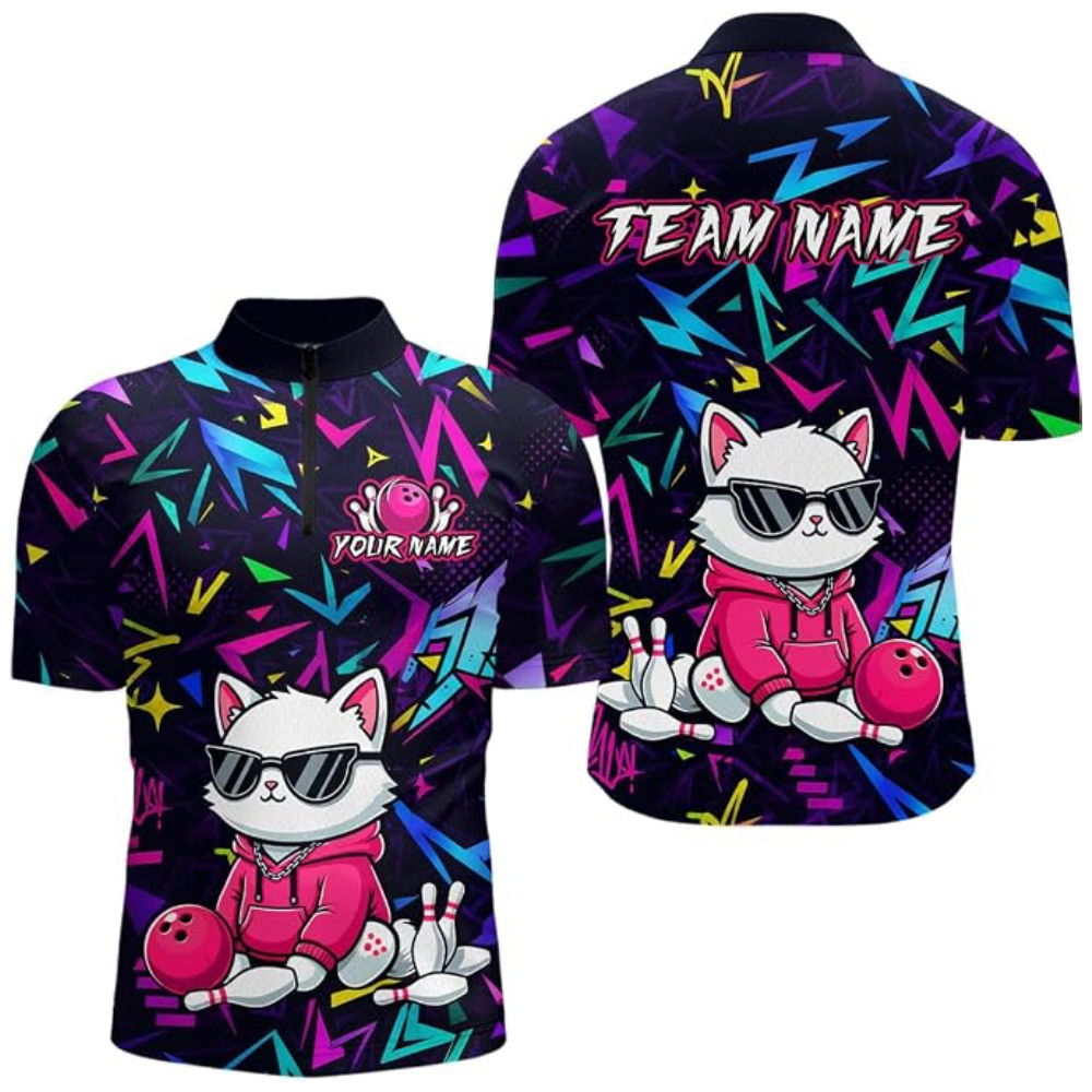 Cool Cat Custom Mens Bowling Jersey, Custom Cat Team Bowling Shirt BZ0946