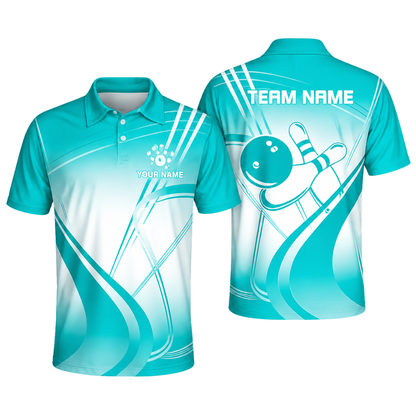 Custom Team Cyan And White Bowling Polo Shirt For Men, Custom Bowling Shirts BZ0450