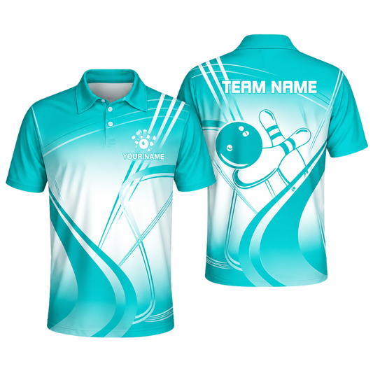 Custom Team Cyan And White Bowling Polo Shirt For Men, Custom Bowling Shirts