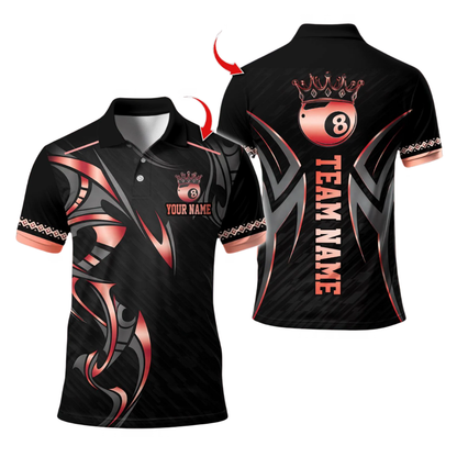 Custom King 8 Ball Black And Gold Billiard Polo Shirt Mens, Custom 8 Ball Pool Team Shirts BIE0065