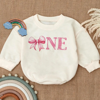 Pink Coquette Bow One Birthday Baby Romper Sweatshirt, First Birthday Romper Sweatshirt BB0112