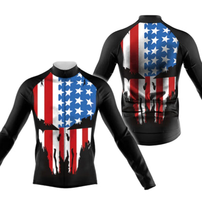 American Flag Skull Cycling Long Sleeve Men Jersey, Patriotic Skull Cycling Jerseys CG0727
