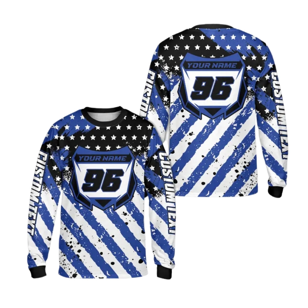 Custom Red White And Blue USA Flag Dirt Bike Long Sleeve Shirt For Men, Custom Patriotic Dirt Bike Jerseys Shirt ME0026